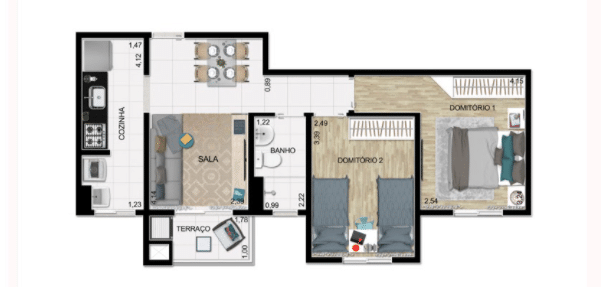 Planta do apartamento de 50 m² do Villa Rutini.