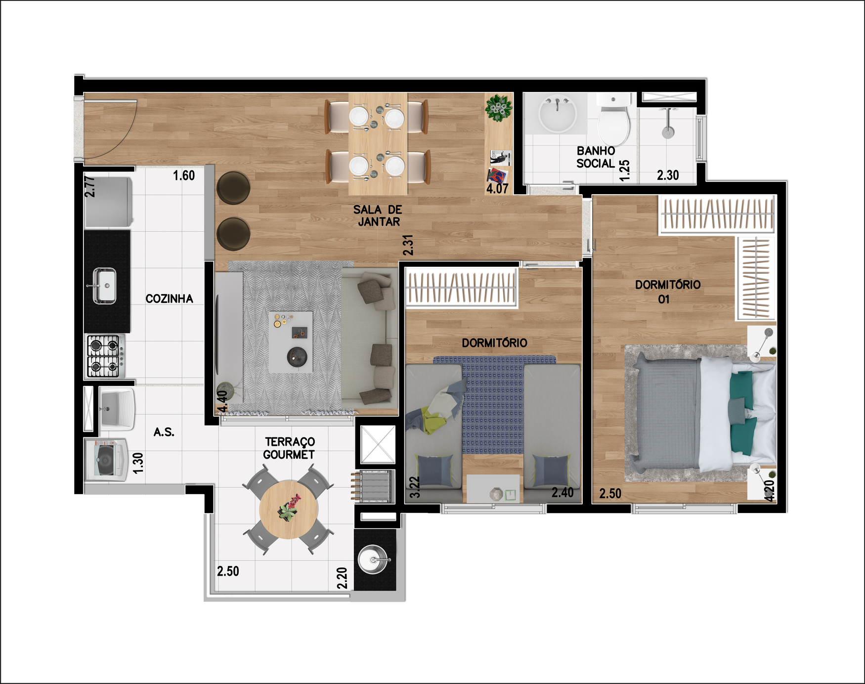 Planta do apartamento de 59 m².