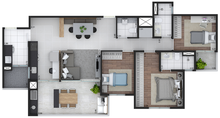Planta das unidades de 105 m² do Roriz