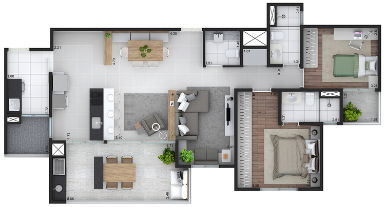 Planta das unidades de 105 m² do Roriz com living ampliado